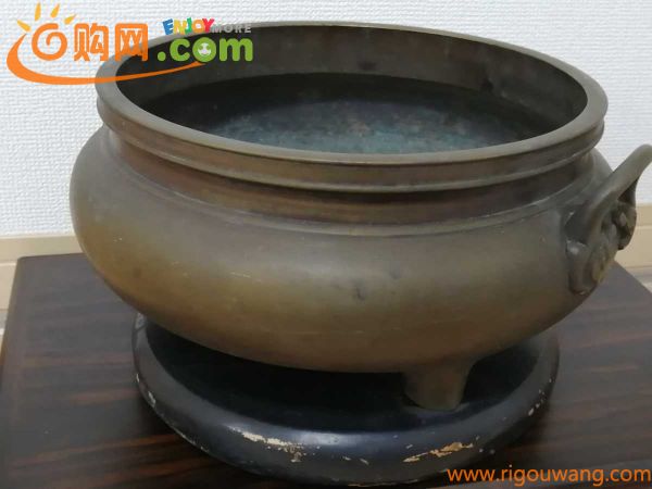 火鉢 真鍮製 銅 香炉 三足銅香炉 龍象耳 重量約4.4kg 骨董 古民具 花器花瓶 仏教美術 中国 美術