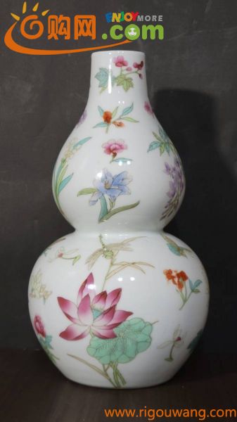 古美術柳　時代 唐物「中国景徳鎮製」底款 色絵 百花文瓢形花瓶