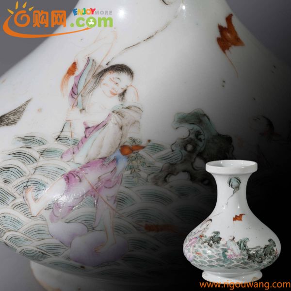 【儒】中国美術・ 清時代　古物保証　粉彩人物花瓶　花入　置物　唐物　高約15.5cm■R41321