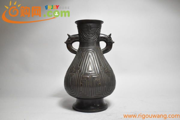 【英】1345 在銘 古銅獣耳大花瓶 高さ42cm 中国美術 朝鮮 銅製 銅器 花入 花器 壷 骨董品 美術品 古美術 時代品 古玩