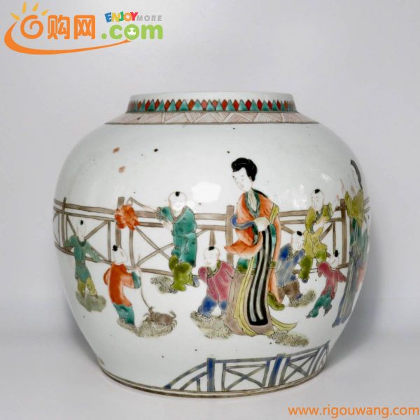 中国美術　清時期　四妃十六子粉彩人物故事缸