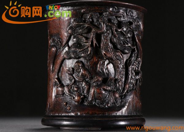 ◆鶴鳴堂◆中国・清時代 在銘 珎木彫 松下人物紋筆筒 非常に良い香り 極細工 古置物 古擺件 中国古美術 古美味 時代物 古董品　