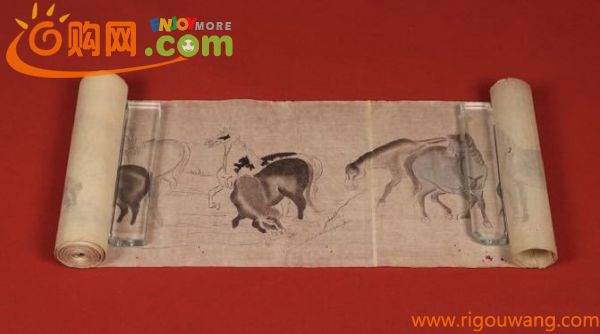 唐画巻物　肉筆　百馬図　時代古作　江戸時代模写　紙本　サイズ：881-25cm