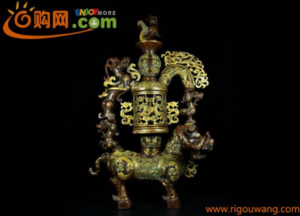 【清】中国・時代物 青銅器 金錯巨大獣尊 超絶技巧 博物館級至宝 中国古美術 古置物 古擺件 古董品 古美味