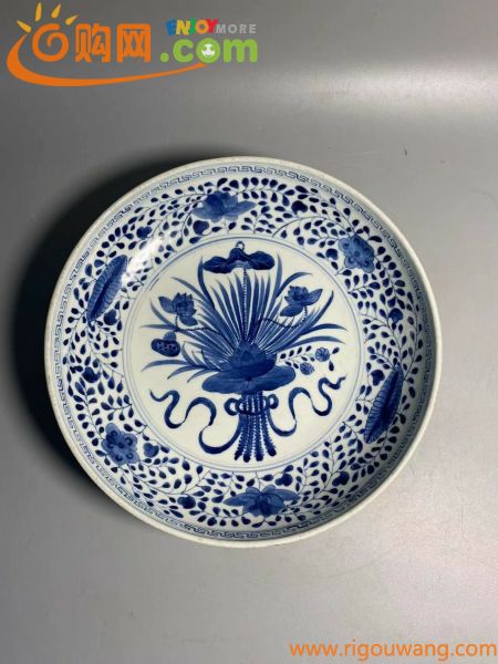 旧家蔵出 清朝期 陶磁器 青花大皿 景徳鎮製 煎茶道具 中国古玩 唐物 中国美術 