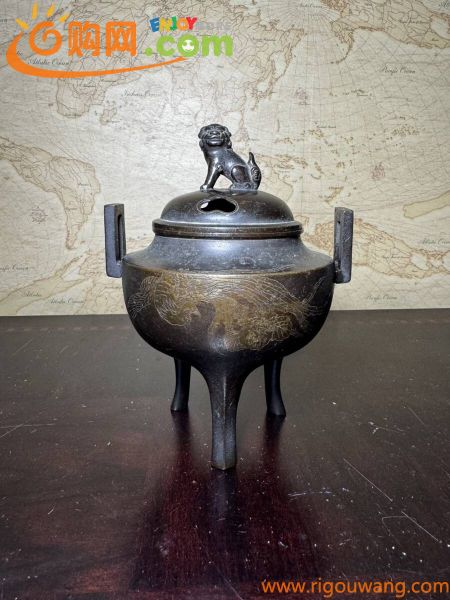 中国美術 底款 古銅製 金象嵌饕餮紋香炉 双耳三足香炉 中国古玩 唐物 茶道具 香道具 銅器