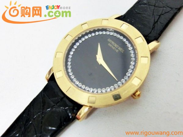 キングラムfhi☆RAYMOND WEIL レイモンドウィル 111 ゴールド 18K GOLD ELECTROPLATED 石付 QZ クオーツ デイト 黒文字盤 腕時計