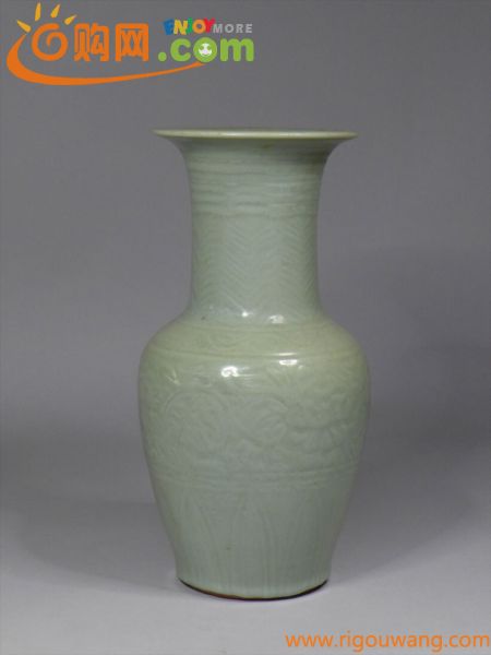 中国古玩　唐物　天龍寺青磁　浮牡丹図広口花瓶　