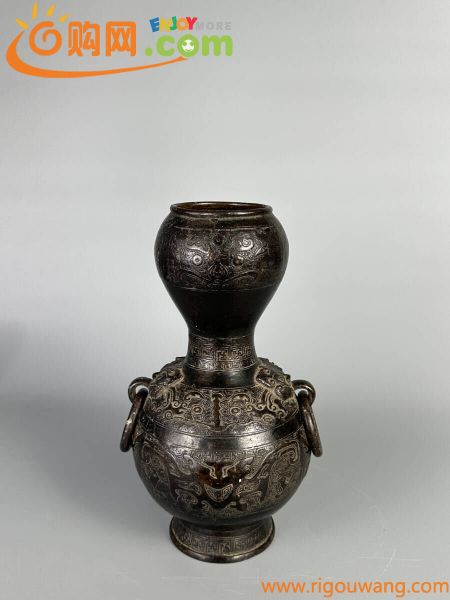 中国美術　明朝　明代　銅花瓶　獣面瓢箪瓶　花器　華道具　唐物　骨董　