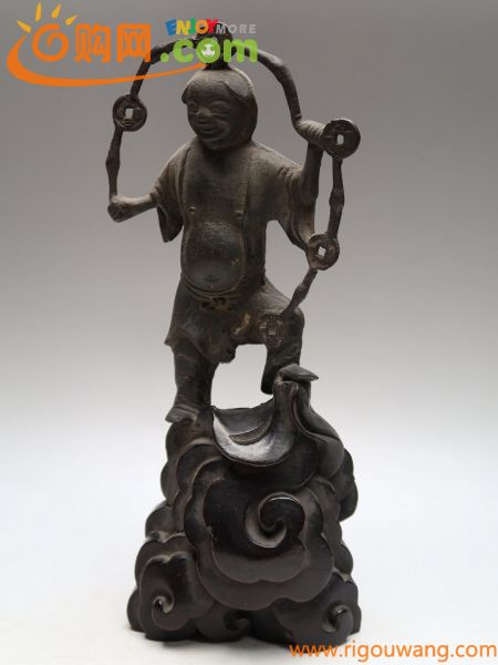 050908古銅製　人物彫刻置物　唐木台　古作伝来　中国明時代美術金工　24050816